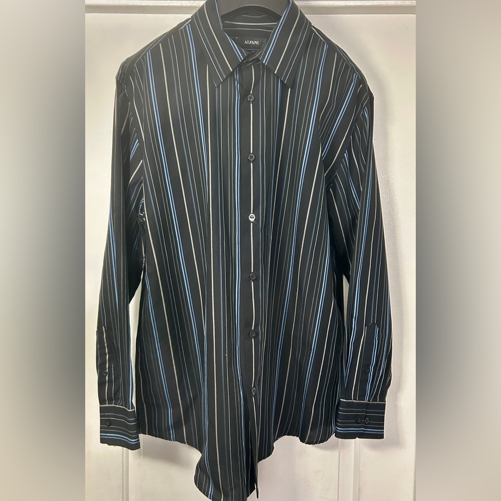 Alfani Men’s Dress Shirt L Black Blue White Striped Long Sleeve Button Front